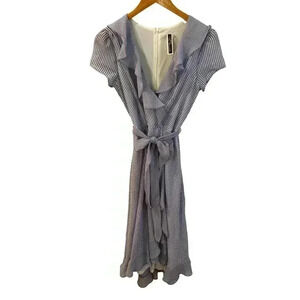 Julian Taylor Faux Wrap Ruffled Blue/White Striped Dress Size 6